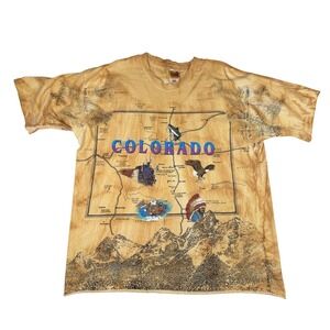 Vintage 90's Fruit of the Loom Colorado Map All Over Print T‎ Shirt Mens XL Tan